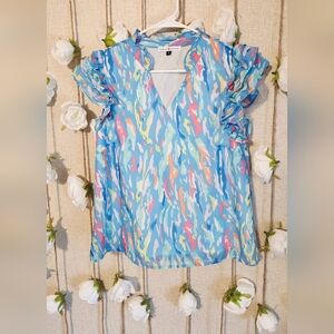 Vibrant Multicolor Ruffle Sleeve Blouse